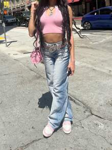 Women's Y2K Distressed Wash Wide-Leg Jeans, Suitable For Music Festivals - Baby Blue - View 3