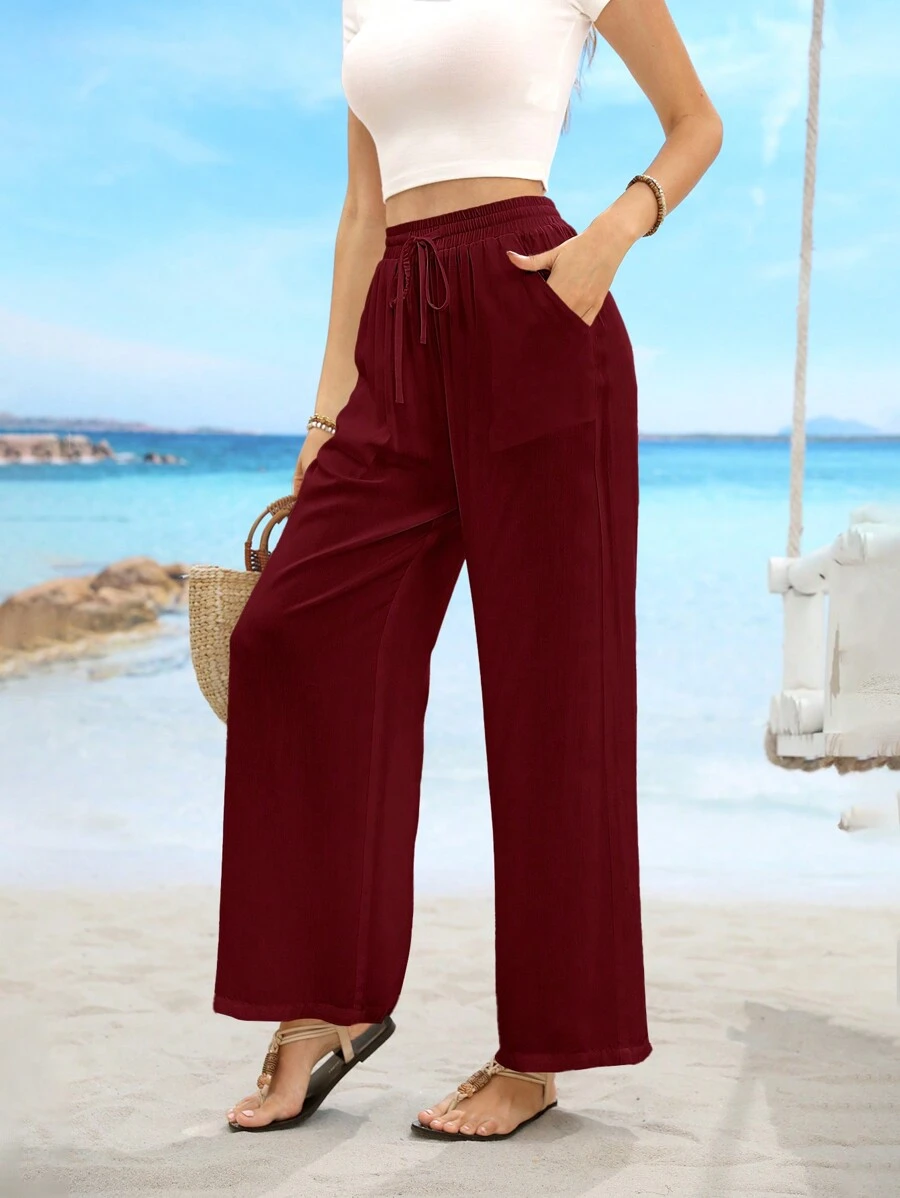 Pantalones rectos informales de cintura de cordón, bolsillo sesgado y unicolor - Burdeos - Ver 1