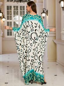 Bohemian Batwing Sleeves Kaftan Plus Size House Dress Modest Arabian Dress Outfits - Green - View 2