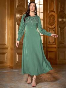 Vestido maxi árabe de mujer de unicolor con cuello redondo, manga larga, elegante, con diseño de cristales, perlas y cinturón, suave y cómodo, adecuado para festivales, uso diario y casual - verde menta - Ver 4