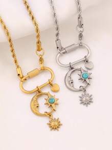 1 pieza Collar de mujer con colgante de luna y corazón, con hebilla de cierre de acero inoxidable, collar de cadena con dijes de flores, regalo del Día de San Valentín