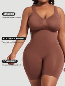 1pc Women Plus Size Seamless Shapewear Jumpsuit, Black Cinched Waist Bust-Lifting Tummy Control Overall Body Shaper