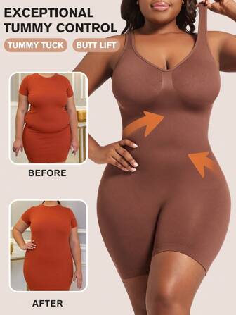 1pc Women Plus Size Seamless Shapewear Jumpsuit, Black Cinched Waist Bust-Lifting Tummy Control Overall Body Shaper