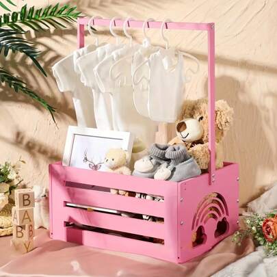 粉色木制婴儿储物篮、矩形婴儿房收纳盒、多功能婴儿淋浴架、玩具桶、新生儿必备浴架、淋浴篮、新生儿迎宾篮、怀孕礼物、新父母、篮子和容器