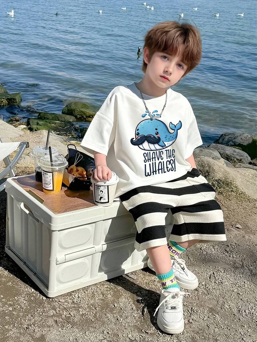 Tween Boy Casual Loose T-Shirt Cartoon Blue Shark Beach Seaside Fashion Round Neck Short Sleeves Boys Graphic Tee Kids Basic Short Sleeve,Tops For Summer,Funny Tshirts