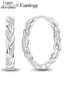 1 对女士优雅镀银/镀白金环形耳环，高品质闪亮锆石镶嵌编织图案珠宝礼物，适合日常、派对、宴会配饰 - 銀色 - 查看 14