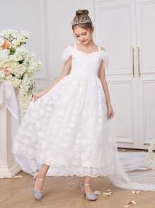 Abito da damigella d'onore per ragazze pre-adolescenti con mantella, morbido e ricamato, elegante abito bianco da cerimonia, comunione, compleanno e ballo