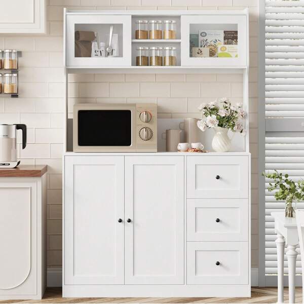 Ataucjin Pantry Cabinet,66 Inch Tall Kitchen Storage Cabinet With Microwave Shelf,Freestanding Hutch Cabinet With 3 Drawers And LED Lights,Pantry Sideboard With Countertop For Living Room,Dining Room