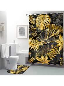 1pc/4pcs Tropical Green With Gold Edges Plant Banana Leaf Bathroom Set, Waterproof Shower Curtain With 12 Hooks, Bath Mat, Toilet U-Shaped Pad, Toilet Lid Cover, Bathroom Divider, Bathroom Accessories, Bathroom Decor