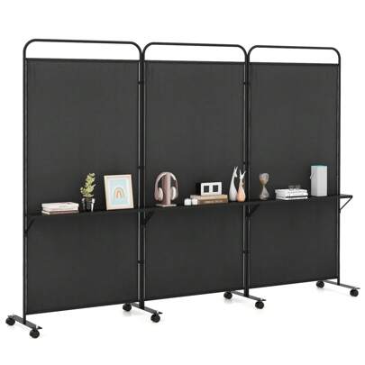 3-Panel Folding Room Divider 6FT/188cm Rolling Privacy Screen With Storage Shelves