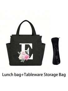 2 pièces/Set Sacs isothermes imprimés avec lettres A-Z et boîte de rangement pour couverts, sac à lunch à double poche