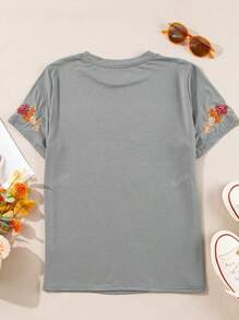 Acelitt Camiseta casual de mujer de manga corta con cuello redondo y bordado floral, para verano