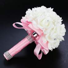 1PC Artificial Bridal Bouquet Simulation Flowers, In The Elaborately Crafted Wedding Scene By Hand, The Bride Gently Holds The Gorgeous Bouquet In Her Hand, While The Bridesmaids Hold Elegant Bouquets Decorated With Ribbons, Jointly Adding Warmth And Beau