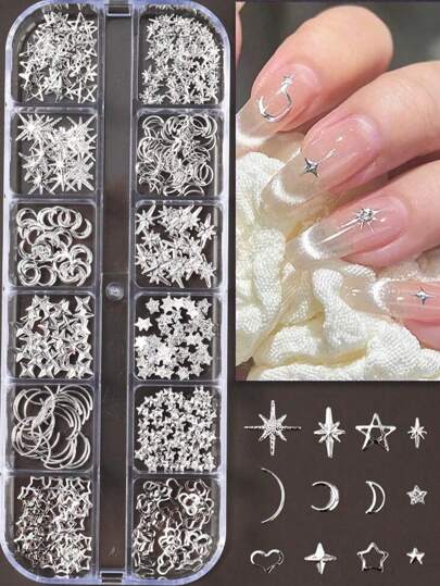 12-Grid Box Of 3D Silvery Moon Star Metallic Nail Charms 3D Y2K Jewelry Rhinestones Mixed 12Grids& Silvery Metal Nail Art Gem Supply Diy Nail Gems Nail Supplies Nails