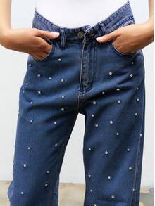 Damen Gerade Jeans aus gewaschener Denim mit Perlen, ideal für Bürooutfits von Frauen - Blau - Übersicht 2