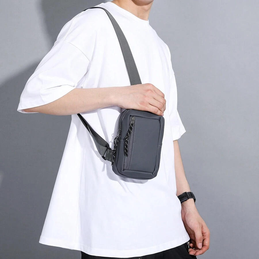 男士黑色拉链小斜挎包，简约时尚，百搭运动休闲单肩包 - 灰色 - 查看 1