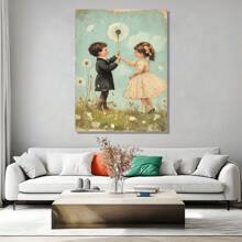 1 Pieza Pintura en lienzo enmarcada en madera de niños felices compartiendo dientes de león en el césped - Grosor 2,25 cm/0,9 pulgadas, regalo para el hogar, decoración de habitación estética, arte de decoración de pared, regalo perfecto, decoración de pared para otoño e invierno, decoración de sala de estar, decoración de dormitorio, decoración de cocina, decoración de entrada, decoración de baño, pintura de pared directa, póster de pintura de pared de alta calidad - Multicolor - Ver 2
