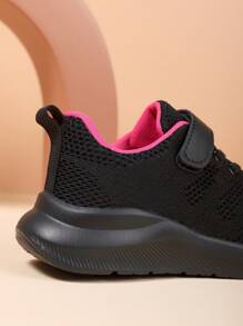 1 Pair Knit Breathable Mesh Sneakers, EVA Lightweight Non-Slip Sole, Magic Strap Closure, Fashion Multi-Color Options, Comfortable, Collegiate Style, Back To School, Outdoor Training, Daily Wear, Suitable For Spring, Summer, Autumn, Winter - Black - View 3