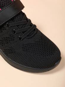 1 Pair Knit Breathable Mesh Sneakers, EVA Lightweight Non-Slip Sole, Magic Strap Closure, Fashion Multi-Color Options, Comfortable, Collegiate Style, Back To School, Outdoor Training, Daily Wear, Suitable For Spring, Summer, Autumn, Winter - Black - View 9