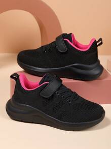 1 Pair Knit Breathable Mesh Sneakers, EVA Lightweight Non-Slip Sole, Magic Strap Closure, Fashion Multi-Color Options, Comfortable, Collegiate Style, Back To School, Outdoor Training, Daily Wear, Suitable For Spring, Summer, Autumn, Winter - Black - View 6