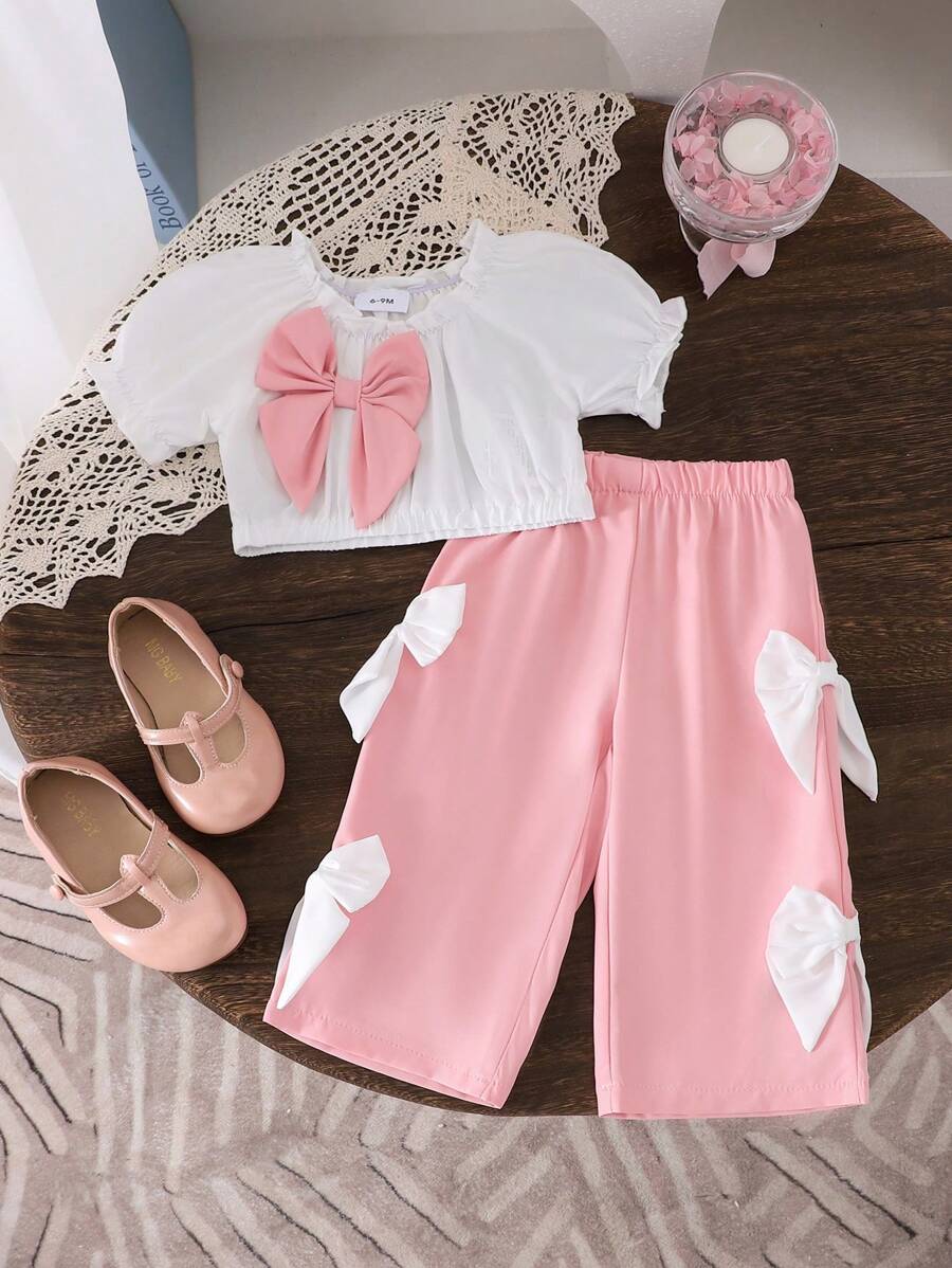 2pcs Baby Girls Cute White Short Sleeve Top + Pink Bow Long Pants Outfit, Lightweight Summer Set