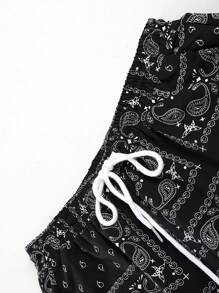 Men's Paisley Print Short Sleeve Shirt And Shorts 2 Pieces Set With Single-Breasted Button, Elastic Waist Drawstring And Pockets - Black - View 7