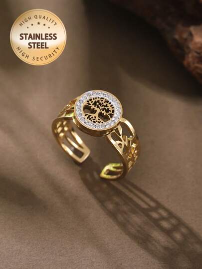 SophiaXuan 1pc Fashionable Stainless Steel Heart-Shaped Adjustable Ring, Bow, Tree Of Life, Flower Design, Creative Jewelry Gift For Women