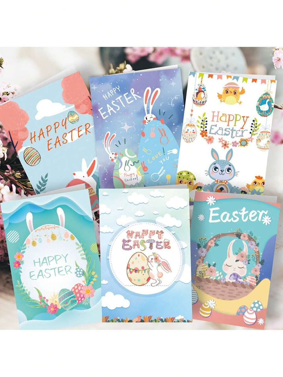6pcs Easter Greeting Card, Easter Bunny Pattern Holiday Blessing Card Invitation Card With Envelope Sticker - Multicolor - View 1