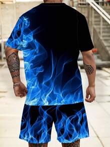Conjunto de chándal de talla grande con estampado de llamas azul degradado | Top de cuello redondo con gráfico 3D | Poliéster elástico y transpirable | Estilo deportivo casual | Corte holgado de talla grande | Adecuado para uso diario y eventos