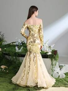 Vestito elegante da ragazza adolescente con spalle scoperte, maniche lunghe, per occasioni formali, con orlo a sirena in tulle ricamato - Champagne - Visualizzare 2