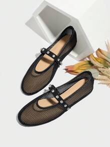 女士芭蕾舞网面鞋，夏季款，水钻装饰，圆头，时尚百搭，适合搭配裙子，黑色、白色网面 - 黑色 - 查看 2