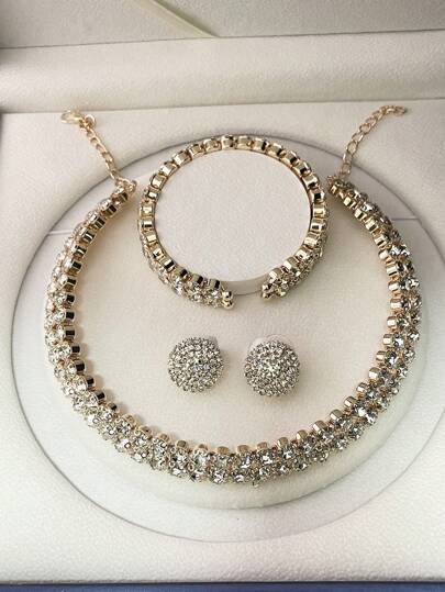 3pcs/Set Fashion Sexy Bling Crystal Multi-Layer Necklace, Earrings, Bracelet Jewelry Set, Bridal Accessories, Short Necklace Gift