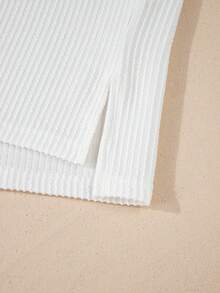 Acelitt Summer Casual Solid Color Loose Knitted Ribbed Stripe Round Neck Short Sleeve T-Shirt - White - View 10