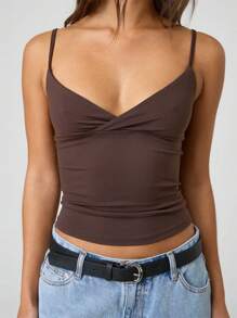 Women's Y2K Cami Tank Tops Solid Color/Floral/Fruit Spaghetti Strap V Neck Camisole Crop Tops Sexy Backless Sleeveless Slim Fit Vest Shirt Summer Going Out Tops Aesthetic Clothes Streetwear - 棕色 - 查看 1