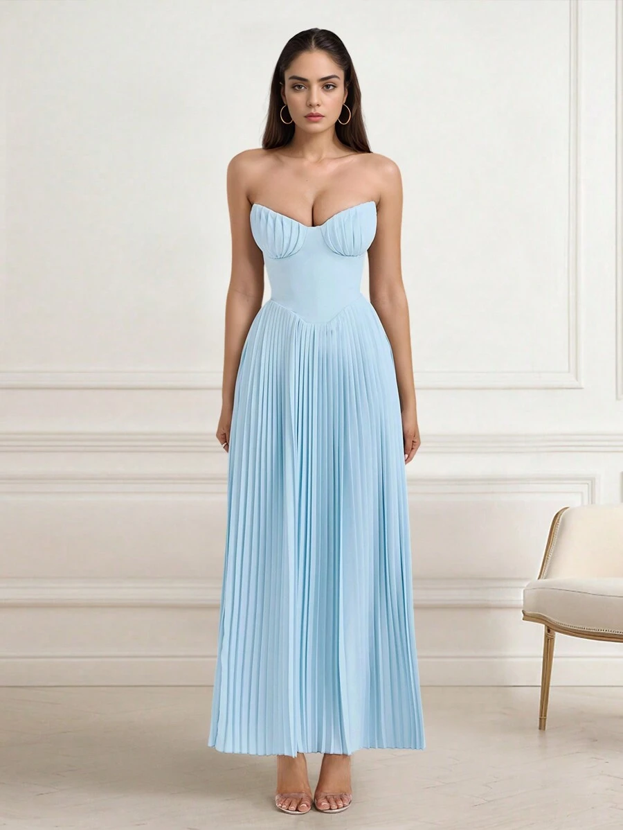 Vestido de fiesta elegante y sexy con cintura recogida, tipo bandeau, largo hasta el suelo, para boda y primavera - Azul - Ver 1
