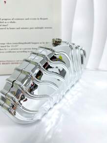 1pc Metallic Striped Shiny Acrylic Clutch Bag With Lock Closure And Chain Strap, Suitable For Formal Events And Galas - Silver - View 5