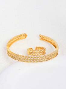 1 pulseira + 1 anel de cobre 18K banhado a ouro, conjunto de joias com design de folhas boho para mulheres, zircônia cúbica sintética, ajustável e versátil, acessório para todas as estações para uso diário. Perfeito para presentes de dia dos namorados e aniversário. Mãe, mãe, dia das mães, presente