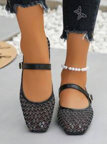 夏季新款时尚百搭复古玛丽珍黑色圆网镂空透气女式平底鞋,适合日常通勤、度假、派对等场合,轻便舒适,单带刺绣软底芭蕾舞鞋,图案随机 - 黑白 - 查看 4