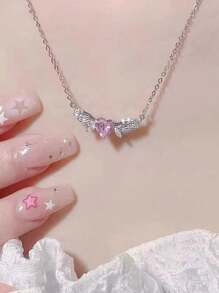 1pc Pink Angel Wing Necklace For Women, Delicate Heart Shaped Pendant Clavicle Chain, Suitable For Daily Wear And Vacation, A Great Birthday Gift For Girlfriend