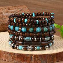 7pcs Turquoise & Wooden Bead Stretch Bracelet Set, Handmade Retro Unisex Fashion Jewelry For Men & Women, Suitable For Daily Wear