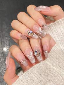 YADORNOS 10片粉色猫眼法式3D蝴蝶水钻亚克力按压式美甲贴纸，春夏手绘蝴蝶水晶柔美短棺材形和长杏仁形全覆盖假指甲，情人节婚礼新娘佩戴，包含果冻胶和指甲锉，DIY美甲用品 - 粉色 - 查看 12