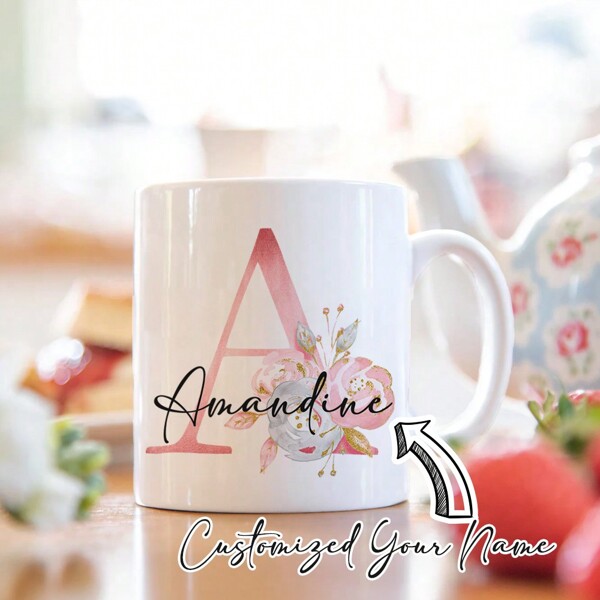 1Pc Custom Floral Letter Cup, Custom Mug, Custom Letter Coffee Cup - Design Custom Cup, Ceramic Cup, Novelty Cup, White Tea Cup, Summer And Winter Drinks, Birthday Gift, Family Party Gift, Holiday Gift, For Family/Colleagues/Friends, Mildew-Proof, Reusable Exquisite, Cute, Modern, Simple Custom, Personalized, Unique Ideal Gift For Him/Her, Multi-Functional, Durable, Ornamental, Reusable, Exquisite, Stylish, High-Quality, Ideal Gifts For Him, Ideal Gifts For Her, Home Refresh
