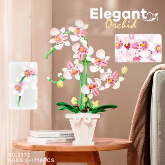 Blocs de construction pour orchidée DIY, décoration élégante d'orchidée, vase blanc, assemblage de couleur de fleur, jouet de construction, bouquet de fleurs en pot pour décoration d'intérieur, modèle à petites particules