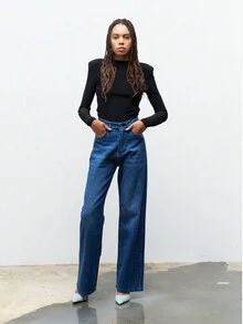 Women's Washed Denim Straight Jeans With Pearls For Office Women Outfits - Aquarius Blue - View 1