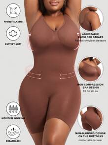 1pc Women Plus Size Seamless Shapewear Jumpsuit, Black Cinched Waist Bust-Lifting Tummy Control Overall Body Shaper