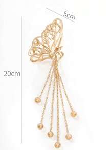 1枚立體蝴蝶結金屬髮夾,連鎖流蘇和人造水晶吊墜,空心蝴蝶馬尾扣,優雅的髮型配件 - 金色 - 查看 3