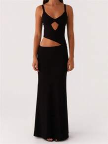 2025 New Women's Slip Dress Sleeveless V-Neck Backless Cutout - Summer Swing Hem Cocktail Dress, Sexy Hollow Out Clubwear Evening Party Dresses - 黑色 - 查看 4