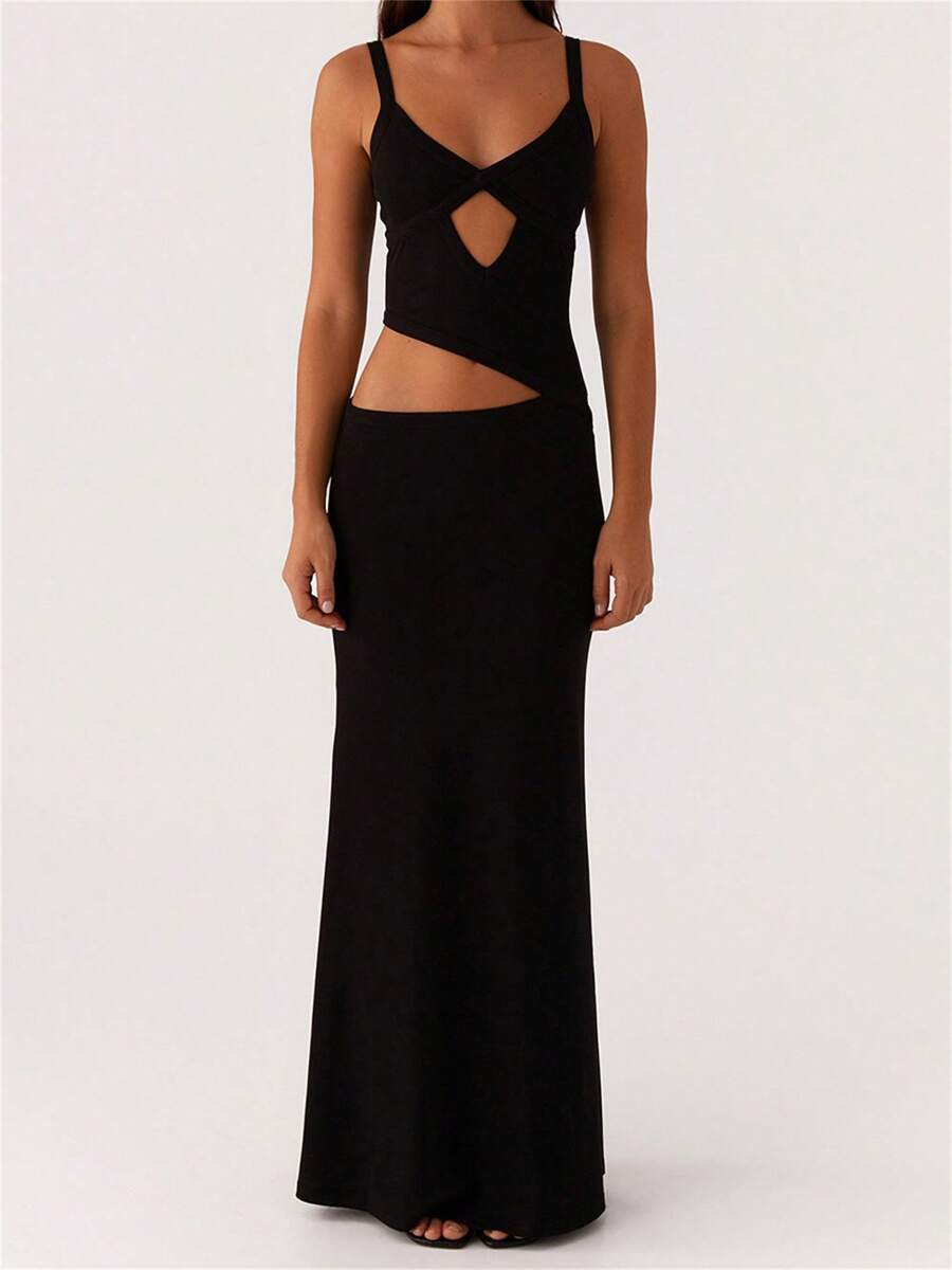 Women Y2k Maxi Dresses Hollow Asymmetric Spaghtti Strap Dress Beach Vacation Dress Spring Summer Elegant Dresses Sleeveless V-Neck Backless Hollow Swing Dress Summer Cocktail Long Dresses Dating Party Shopping Street Photography Club Wear - 黑色 - 查看 1
