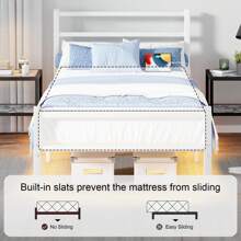 Twin Bed Frame With Charging Station & LED Lights, Metal Platform Bed Frame With Heavy Duty Steel Slats, Bedroom Furniture, Easy Assembly, Black/ White - 查看 6