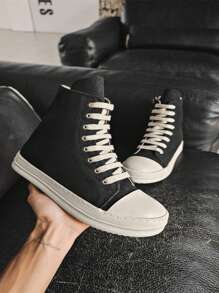 Men's Shoes 2024 New Spring Thick Sole Heightening Retro Sports High Top Canvas Shoes Side Zipper Couple Canvas Shoes - Black and White - View 7